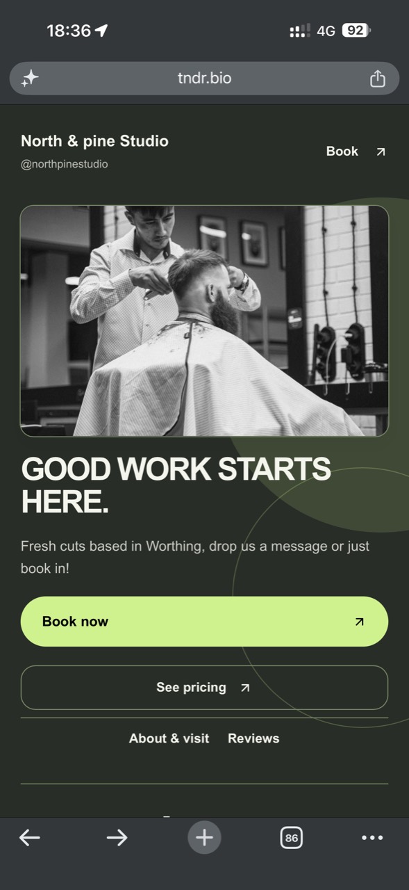 North & pine Studio example business page with a barber photo, introduction, Book now and See pricing buttons