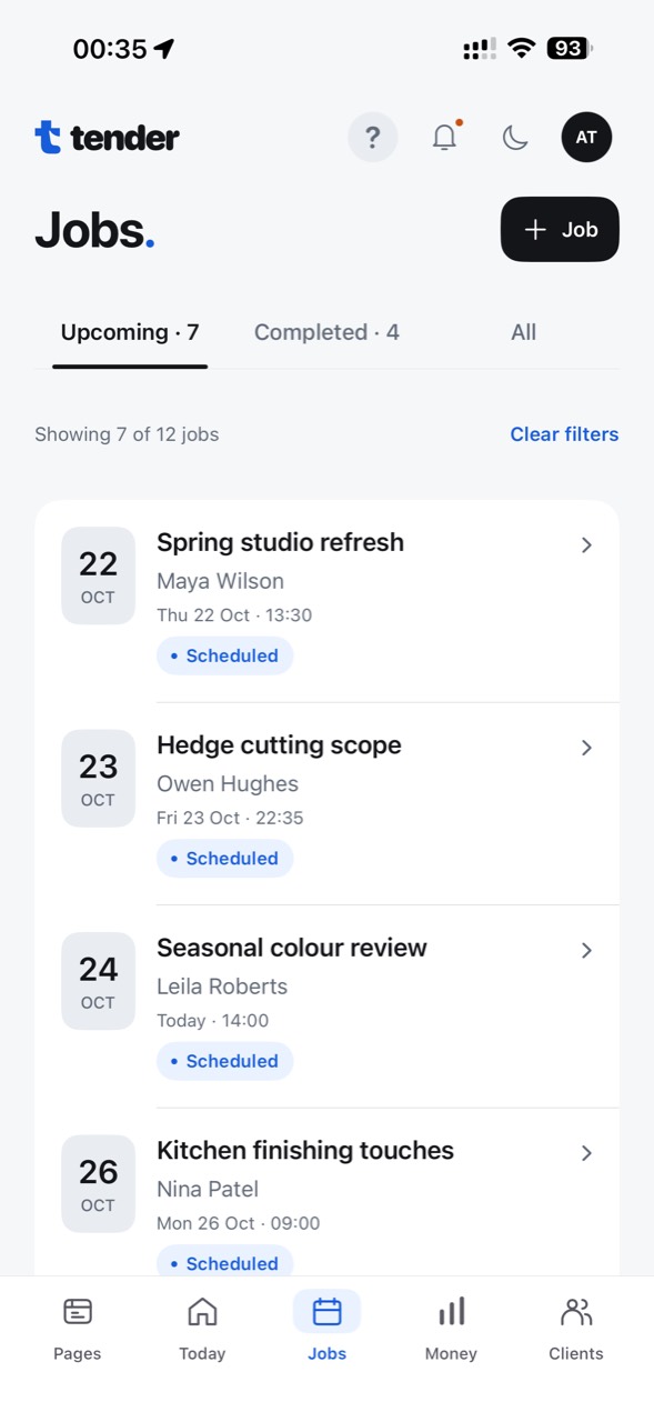 Tender Jobs showing scheduled example work and clients, with Upcoming, Completed and All tabs