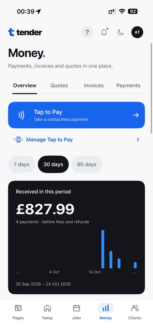 Tender Money with the blue Tap to Pay action and £827.99 received across four example payments in the selected period