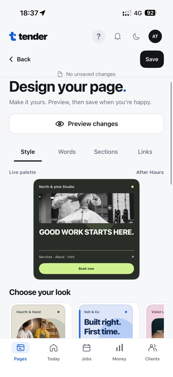 Tender’s page designer showing the After Hours design and a choice of page styles