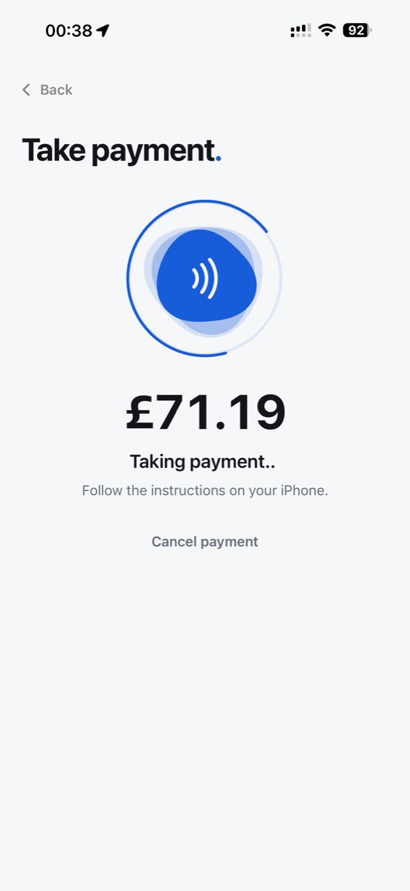 Tender app during a simulated sandbox payment of £71.19; this is the app progress screen, not the Apple contactless payment sheet