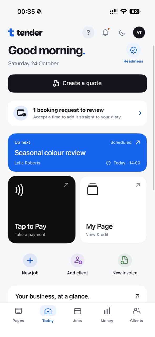 Tender Today with an upcoming Seasonal colour review, Tap to Pay, My Page and shortcuts to create a job, client or invoice